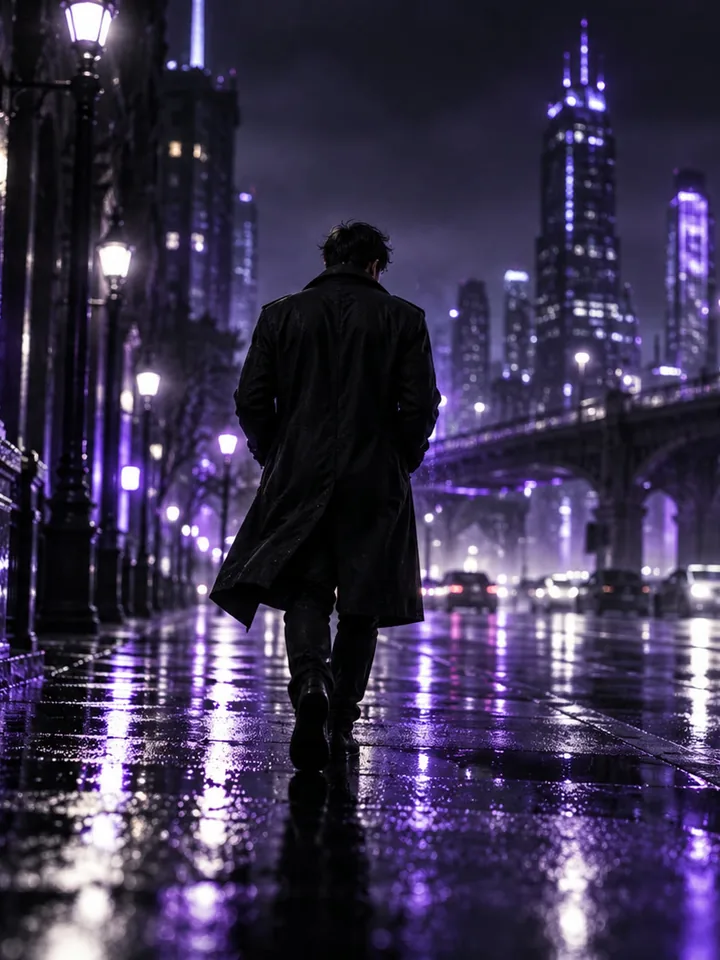 Reference video: a man walking down a rainy street at night